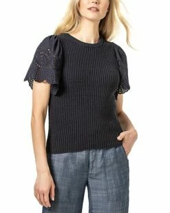 Lilla P Eyelet Sleeve Crewneck Sweater Women