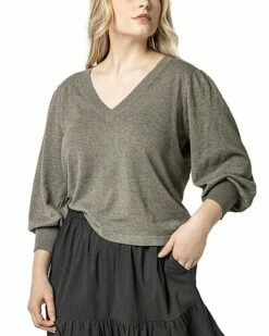 Lilla P 3/4 Puff Sleeve V-Neck Sweater Women